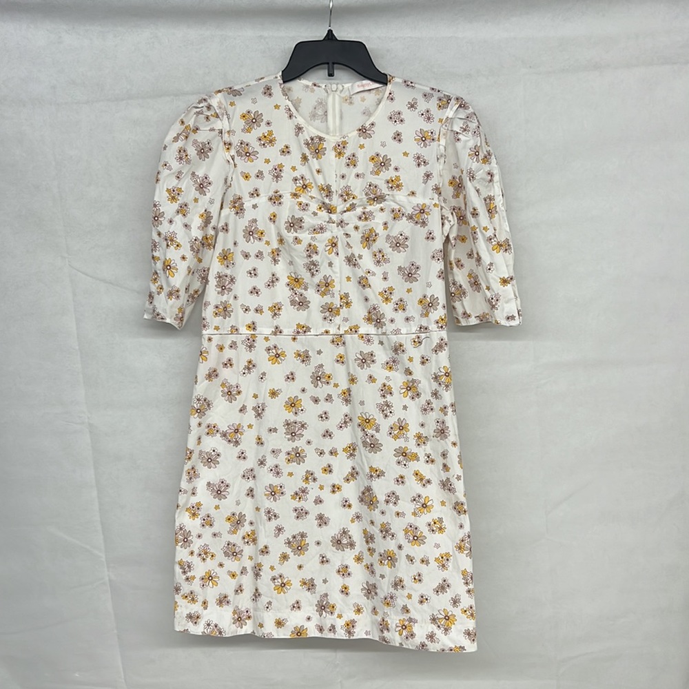 SeeByChloe Floral Puff Sleeve Mini Dress Cotton Size 40 White/Yellow/Pale Pink